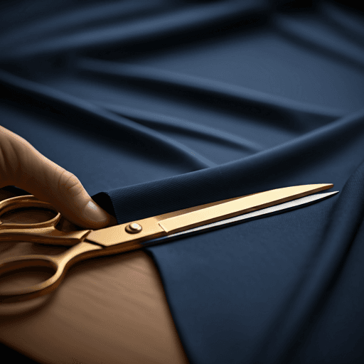 An artistic, macro view of high-quality navy blue swimsuit fabric being precisely cut by a pair of elegant tailoring shears