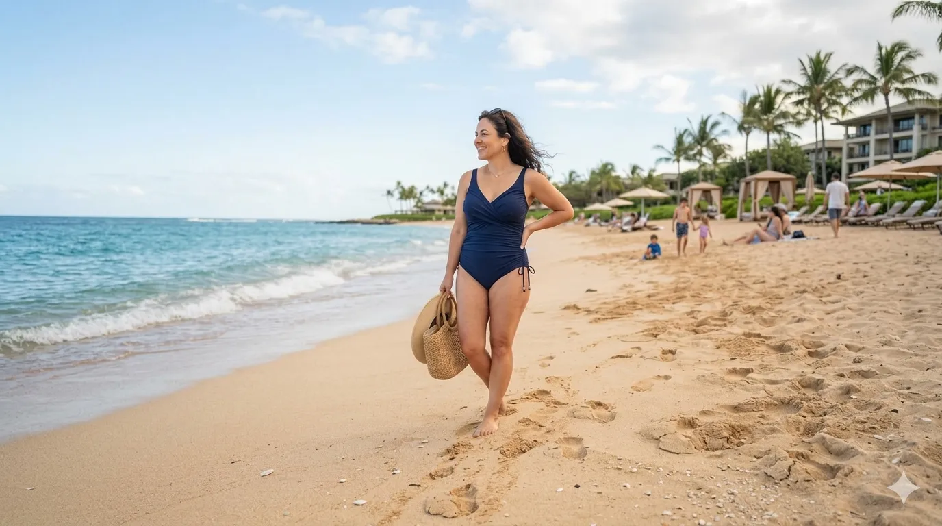 A sophisticated high-fashion editorial portrait of a plus-size woman in a structural black swimsuit.