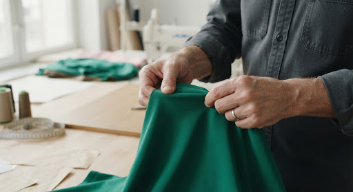 Hands of a skilled tailor feeling a piece of emerald green fabric.
