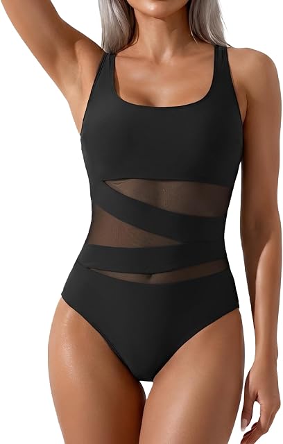 Women's Mesh One Piece Swimsuit Tummy Control Sexy Bathing Suit Push Up Swim Suit Slimming Swimwear
