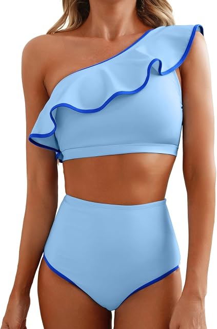 Women's One Shoulder Bikini Sets Color Block Trim Ruffle Hem Swimsuits Elegant Bathing Suits