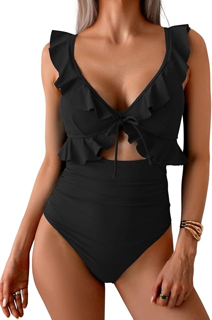 A close-up fashion shot of a bikini top with elegant fabric layers.