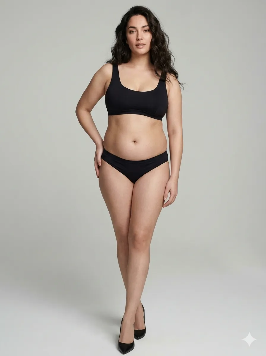 An editorial fashion shot of a woman in a flattering swimsuit.