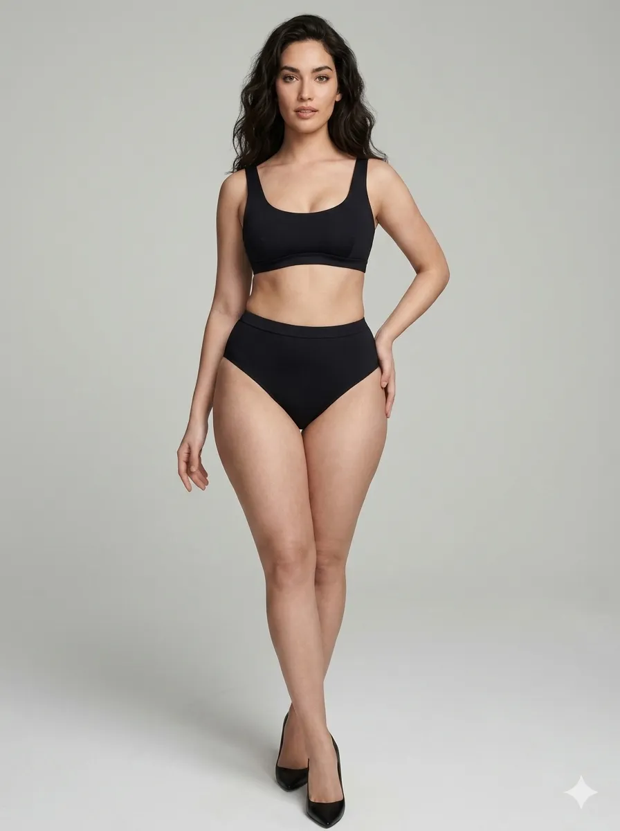 A close-up artistic shot focusing on the silhouette of a pear-shaped body in a high-waisted swimsuit.