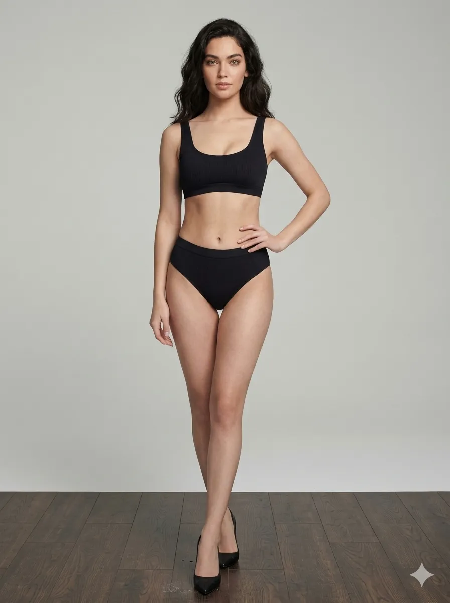A minimalist fashion portrait of a woman in a stylish swimsuit.