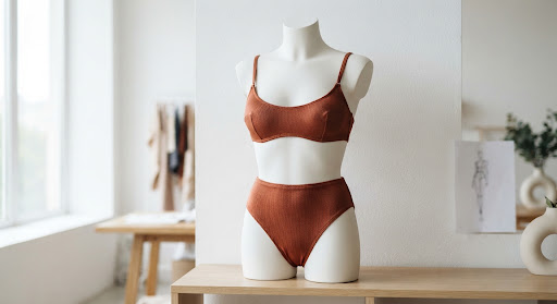 A sophisticated bikini design displayed on a minimalist mannequin.