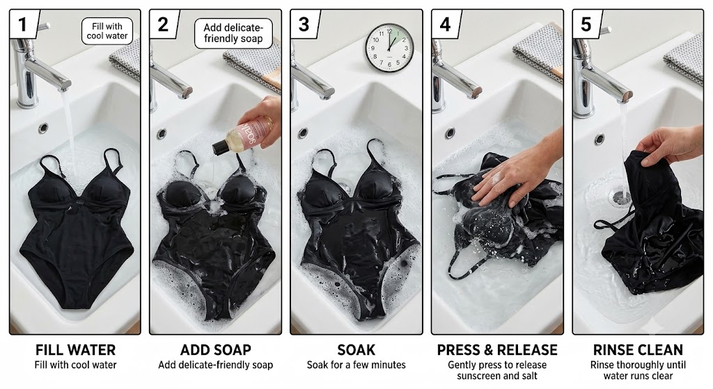 5-step guide infographic for washing a black swimsuit: fill with cool water, add delicate soap, soak for a few minutes, gently press the fabric, and rinse thoroughly.