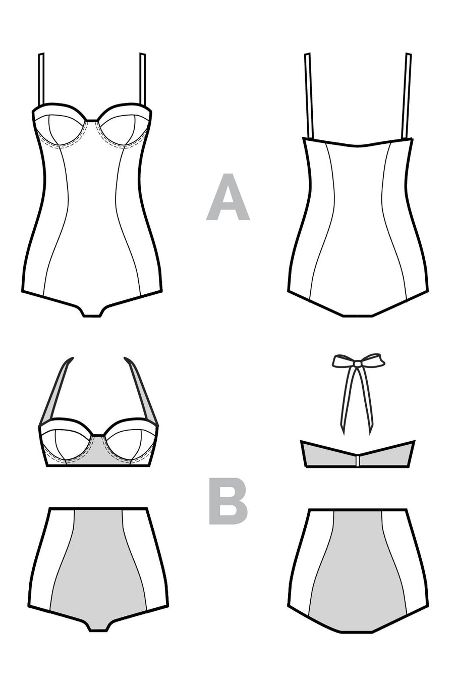 Detailed swimsuit pattern design showing multiple construction variations and fit options