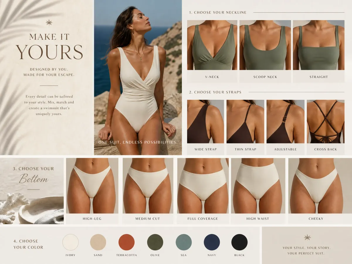 Visual collage showcasing various customization options for swimwear.