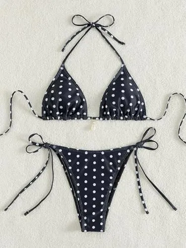 Women's Polka Dot Triangle Bikini Set Halter String Tie Side Two Piece Swimsuit Sexy Bathing Suit