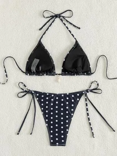 Women's Polka Dot Triangle Bikini Set Halter String Tie Side Two Piece Swimsuit Sexy Bathing Suit