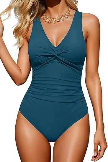Women's One Piece Swimsuit Tummy Control Ruched Bathing Suit V Neck Twist Front Swimwear
