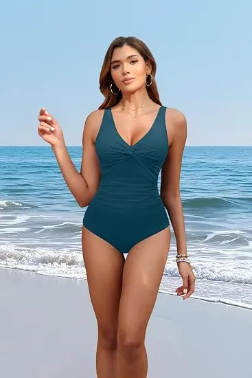 Women's One Piece Swimsuit Tummy Control Ruched Bathing Suit V Neck Twist Front Swimwear
