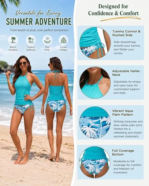 Womens Two-Piece Tankini Set Cow Skull with Leopard Print Sets Swimwear Tankini Top Sets Swimwear