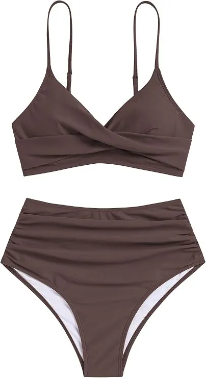 Women High Waisted Bikini Sets Two Piece Swimsuit Push Up Twist Front Ruched Bathing Suit