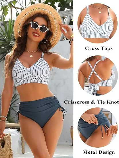 Womens High Waisted Bikini Sets Drawstring Tummy Control Swimsuits Crisscross Tie Back Bathing Suit