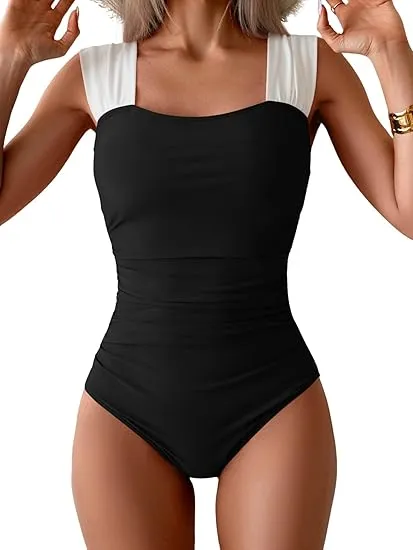 Womens One Piece Swimsuit Retro Square Neck Tummy Control Bathing Suits Ruched Modest Full Coverage Swimwear