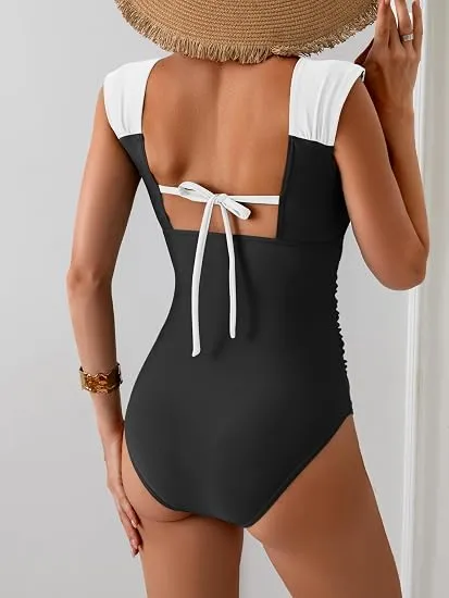 Womens One Piece Swimsuit Retro Square Neck Tummy Control Bathing Suits Ruched Modest Full Coverage Swimwear