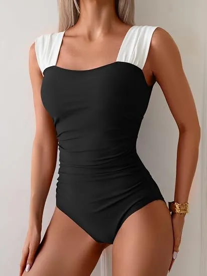Womens One Piece Swimsuit Retro Square Neck Tummy Control Bathing Suits Ruched Modest Full Coverage Swimwear