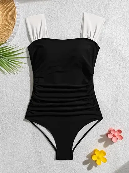 Womens One Piece Swimsuit Retro Square Neck Tummy Control Bathing Suits Ruched Modest Full Coverage Swimwear