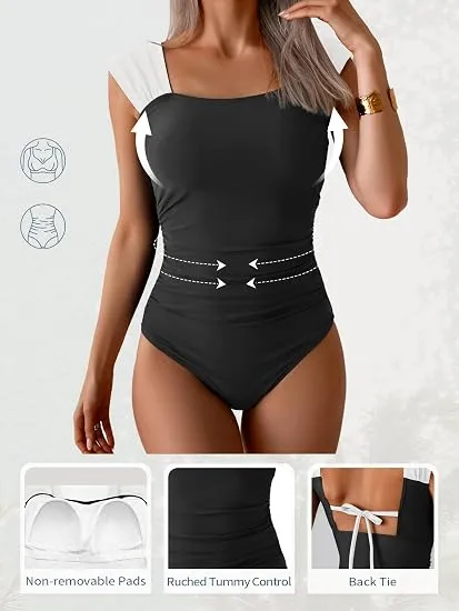 Womens One Piece Swimsuit Retro Square Neck Tummy Control Bathing Suits Ruched Modest Full Coverage Swimwear