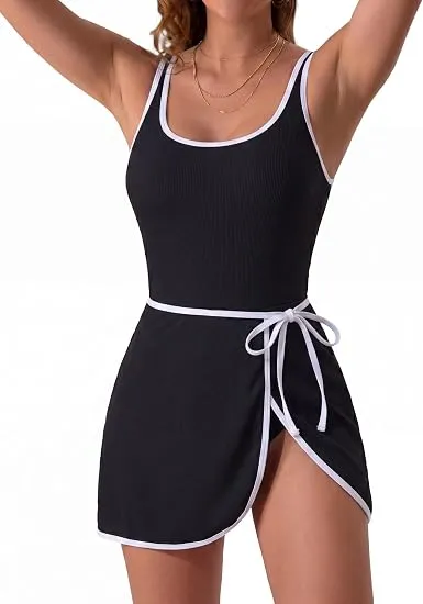 Tummy Control Swim Dress Ribbed Slimming One Piece Swimsuits for Women Tie Knot Wrap Skirted Bathing Suit