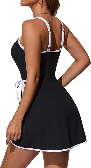 Tummy Control Swim Dress Ribbed Slimming One Piece Swimsuits for Women Tie Knot Wrap Skirted Bathing Suit
