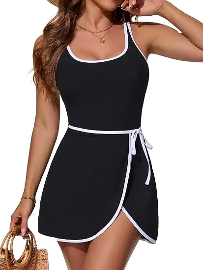 Tummy Control Swim Dress Ribbed Slimming One Piece Swimsuits for Women Tie Knot Wrap Skirted Bathing Suit