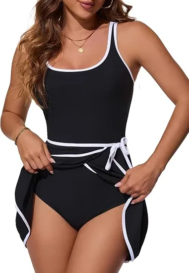Tummy Control Swim Dress Ribbed Slimming One Piece Swimsuits for Women Tie Knot Wrap Skirted Bathing Suit