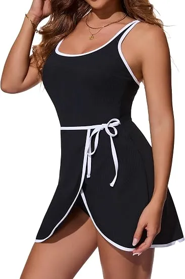Tummy Control Swim Dress Ribbed Slimming One Piece Swimsuits for Women Tie Knot Wrap Skirted Bathing Suit