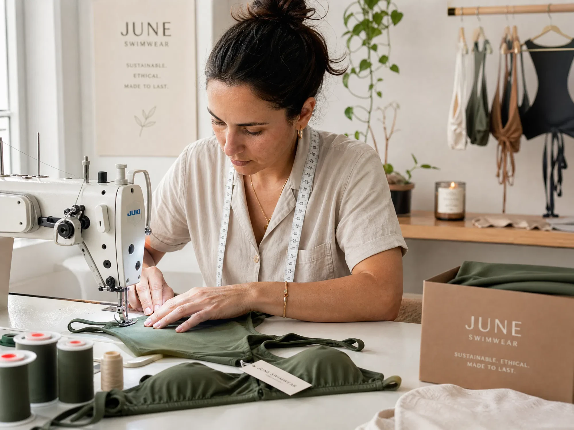 Custom swimwear production process showing skilled artisan sewing