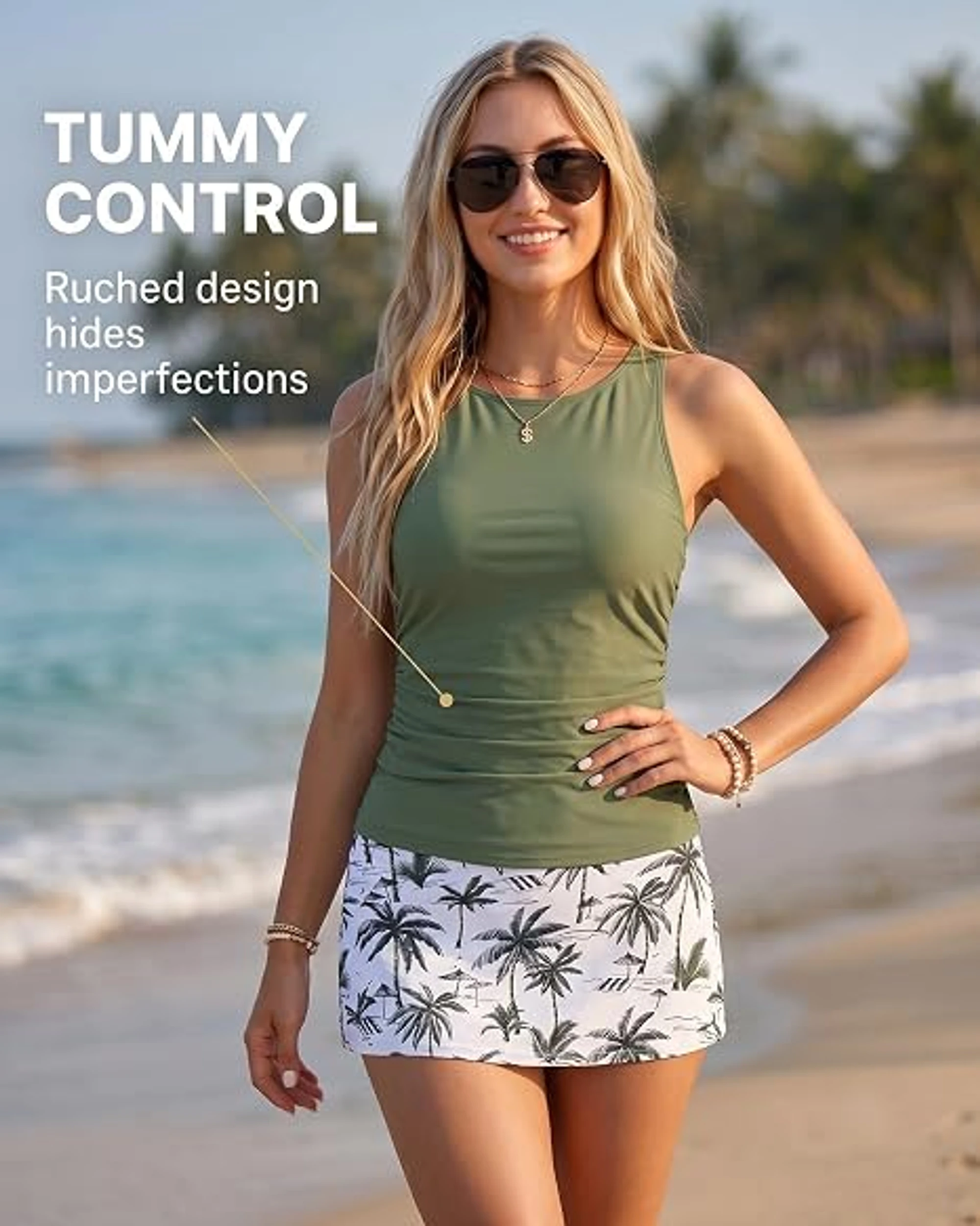 Womens Tankini Swimsuits with Skirt Tummy Control Swimwear | High Neck, Ruched Detail, Full Coverage, Removable Pads, High Waisted Skirt, Soft Built-in Brief, Beach and Resort