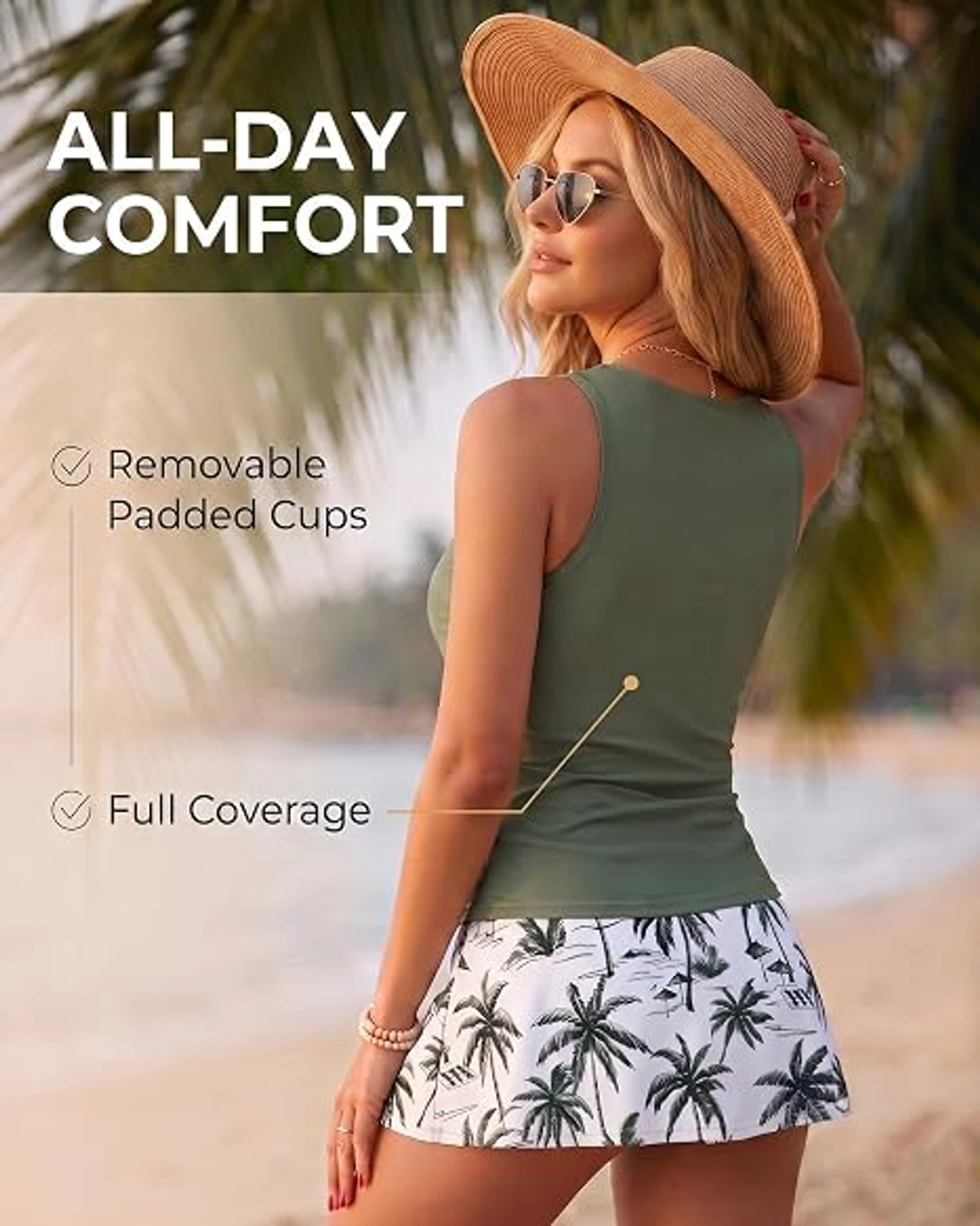 Womens Tankini Swimsuits with Skirt Tummy Control Swimwear | High Neck, Ruched Detail, Full Coverage, Removable Pads, High Waisted Skirt, Soft Built-in Brief, Beach and Resort