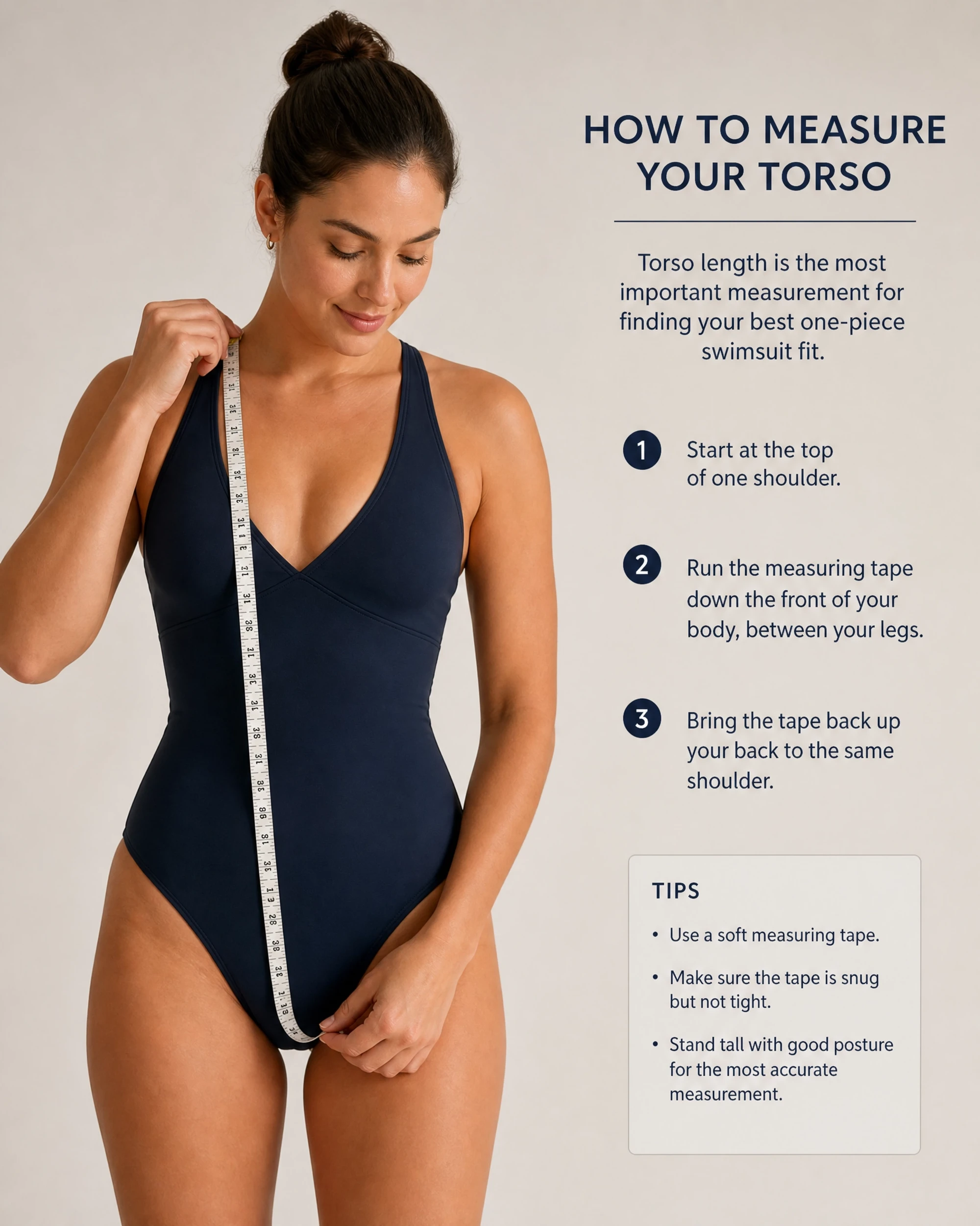 Instructional diagram showing vertical torso measurement from shoulder, through legs, back to shoulder.